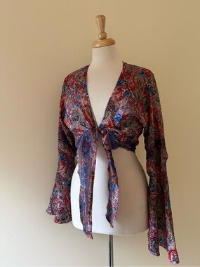 Y2K Artificial Silk Paisley Wrap Crop Top Bell Sleeves